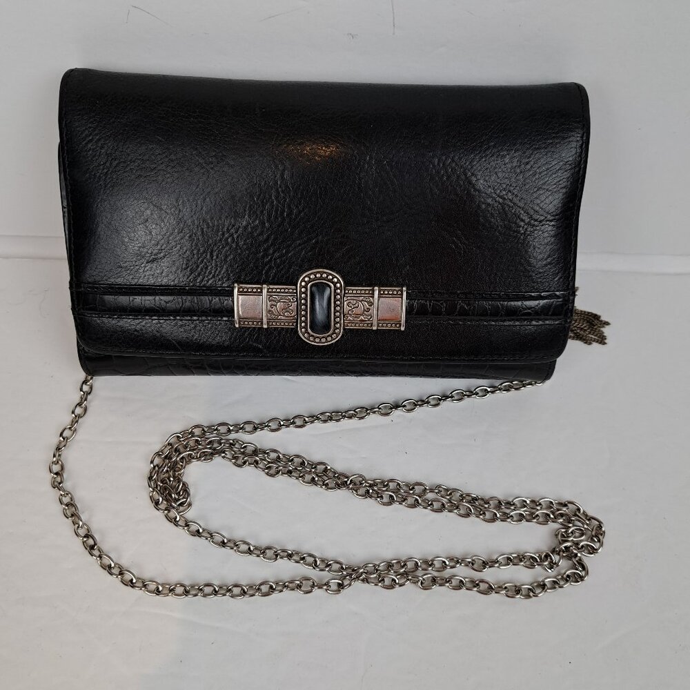 Brighton Croc Embossed Black  Leather Crossbody Clutch Wallet
